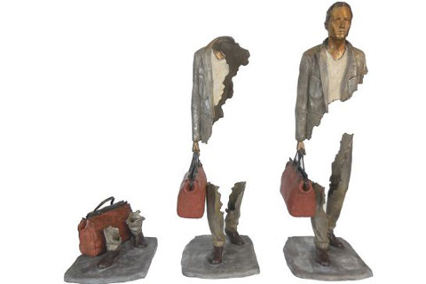 Life size bronze sculpture Bruno Catalano travelers for sale